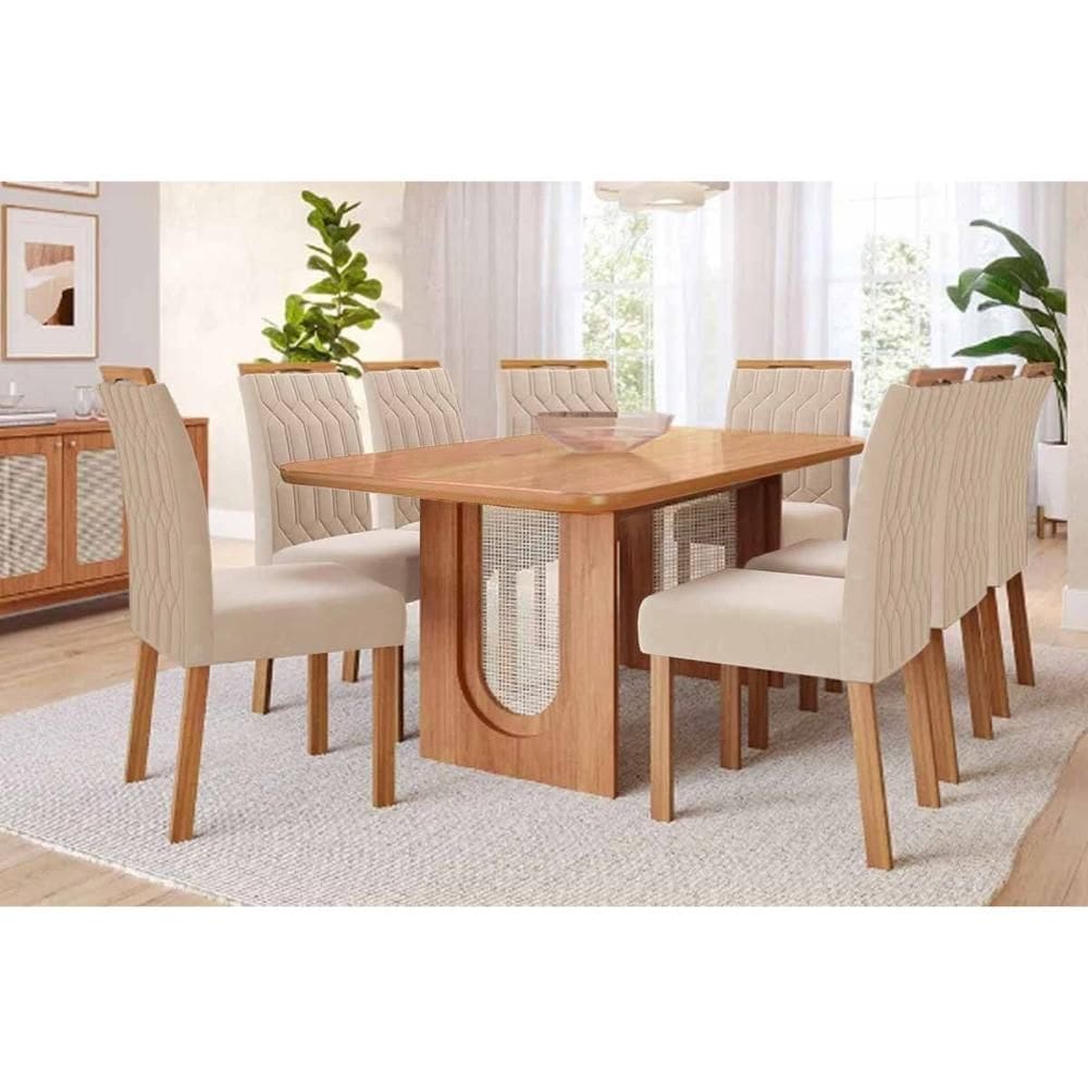 Conjunto: Mesa Sala Jantar Valentina c/ Tampo Madeirado 210x100cm e 8 Cadeiras Paola Cinamomo - Carvalho/Suede Nude Bege - Cimol