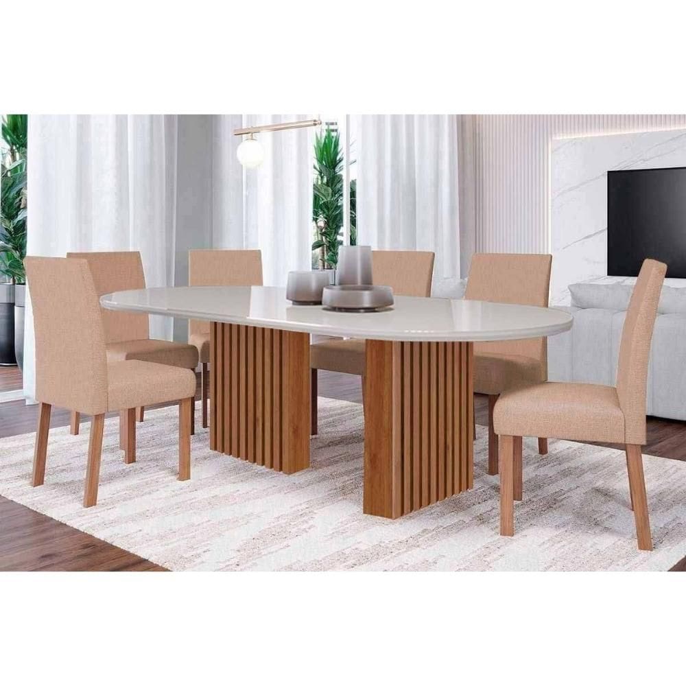 Conjunto: Mesa de Cozinha Ester Tampo Madeirado Oval c/ Vidro 210x100cm e 6 Cadeiras Maia Cinamomo/Off White - Suede Gengibre Bege - Cimol