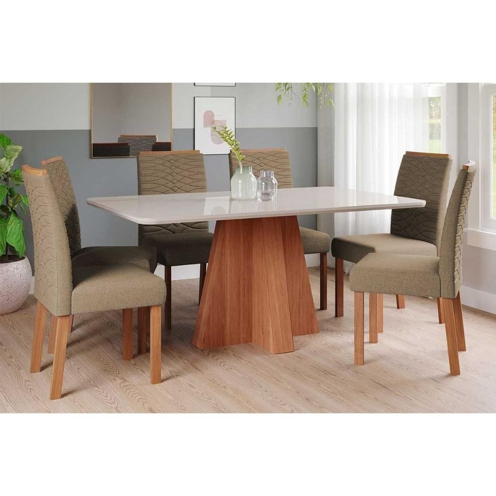Conjunto: Mesa de Cozinha Maitê Tampo Madeirado c/ Vidro 160x80cm e 6 Cadeiras Clarice Cinamomo/Off White - Carvalho/Suede Joli Capuccino - Cimol