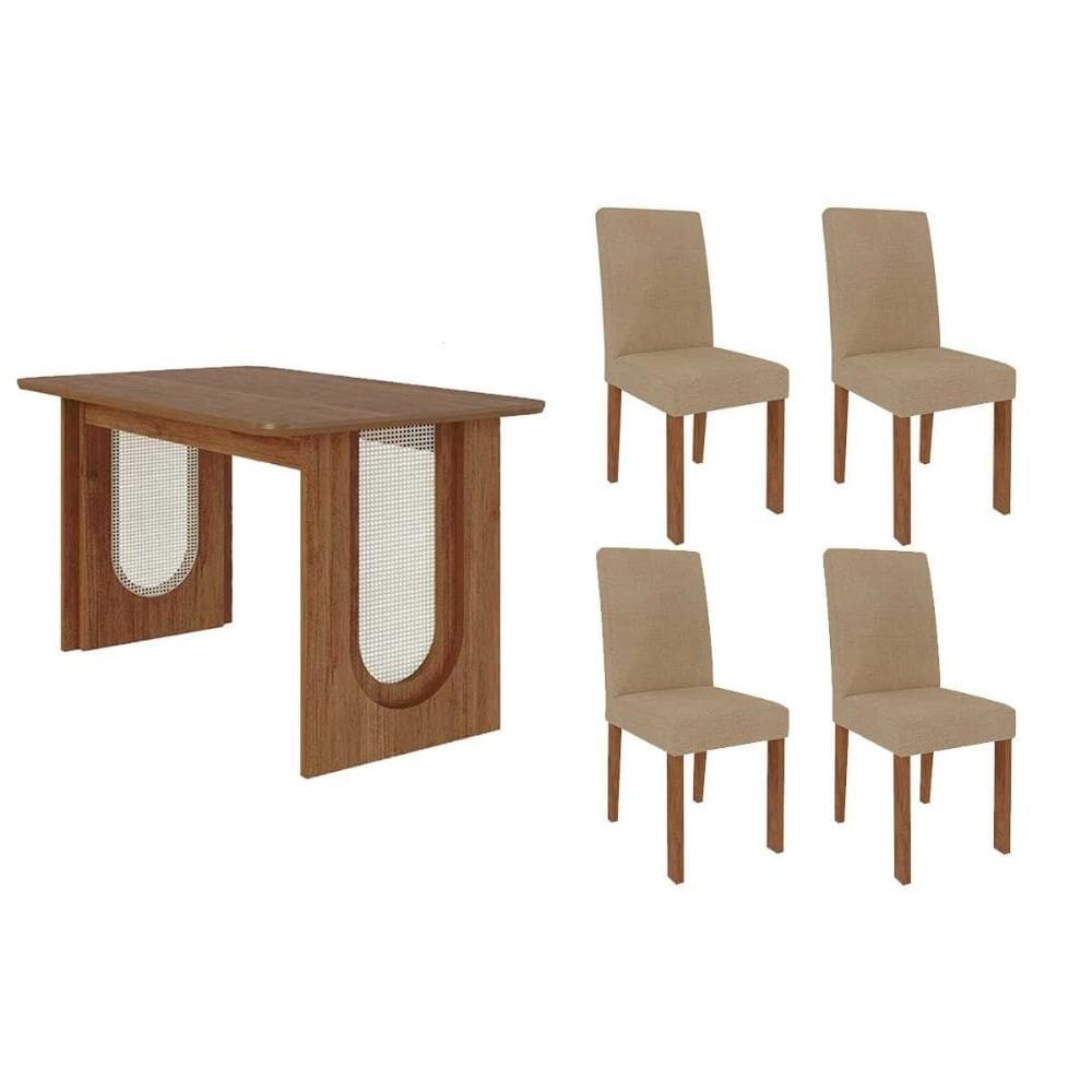 Conjunto: Mesa de Cozinha Valentina Tampo Madeirado 130x80cm e 4 Cadeiras Maia Cinamomo - Cinamomo/Suede Gengibre Bege - Cimol