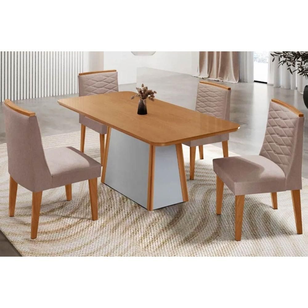 Sala de Jantar Completa Tilia c/ Tampo Madeirado Canto Curvo 120x80cm e 4 Cadeiras Maldivas Naturale/Off White - Linho Capuccino - Rufato