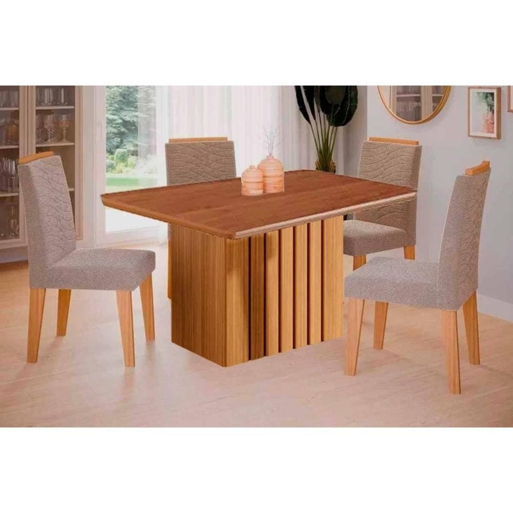 Conjunto: Mesa de Cozinha Ana Tampo Madeirado 130x80cm e 4 Cadeiras Clarice Cinamomo - Carvalho/Suede Nude Bege - Cimol