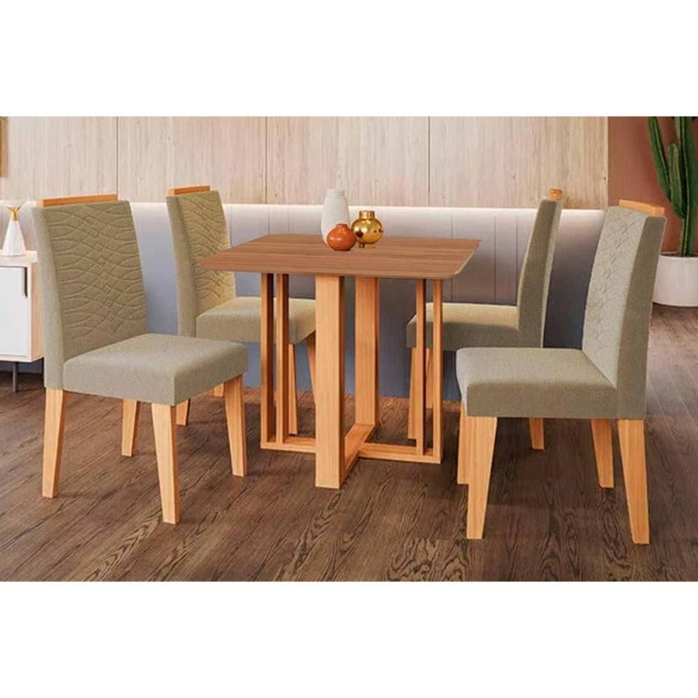 Conjunto: Mesa de Cozinha Flora Tampo Madeirado 95x95cm e 4 Cadeiras Clarice Cinamomo - Carvalho/Linho Bege - Cimol