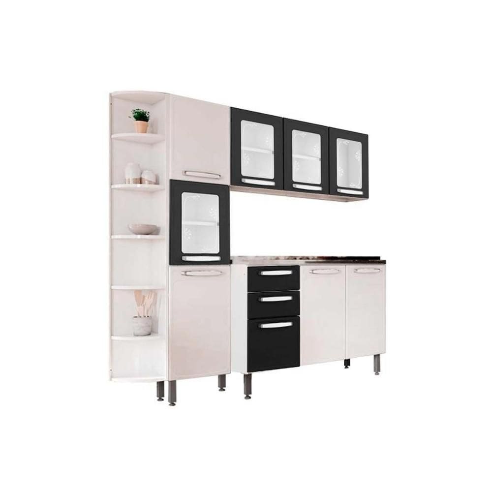 Cozinha Modulada Bertolini Evidence 4 Peças (1Aéreo+1Balcão+1Paneleiro+1Complemento) c/ Pia C4P44 Branco/Preto-Bertolini