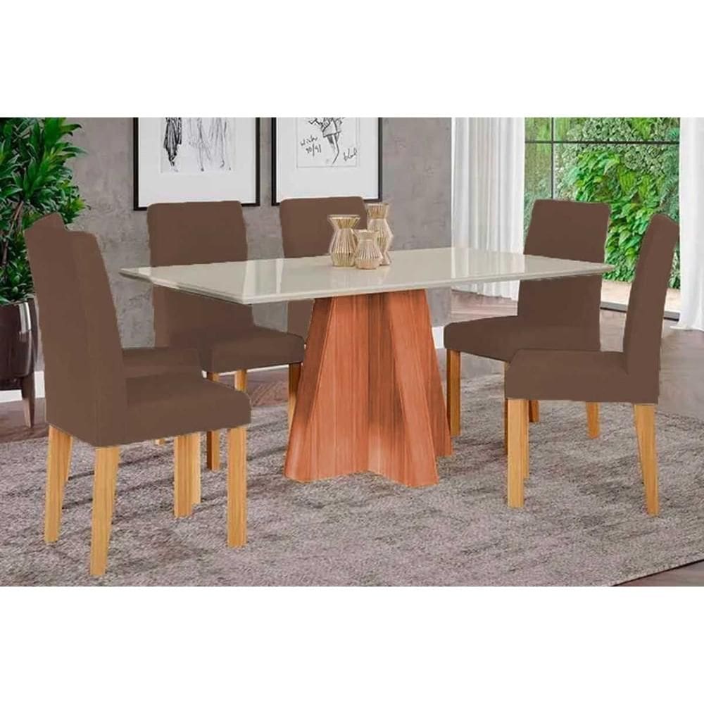 Conjunto: Mesa de Cozinha Maitê Tampo Madeirado c/ Vidro 160x80cm e 6 Cadeiras Maia Cinamomo/Off White - Nature/Suede Mascavo Chocolate - Cimol