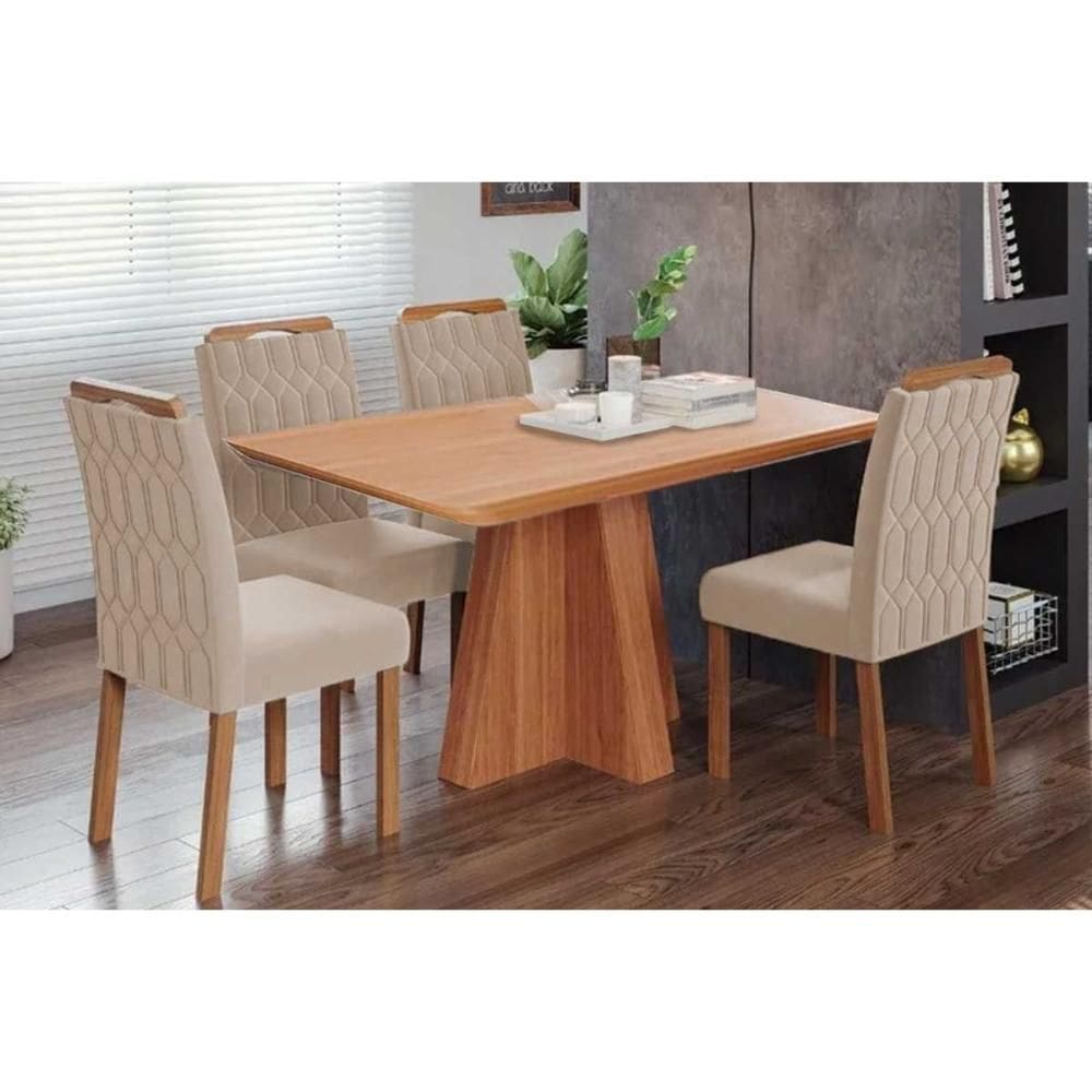 Conjunto: Mesa de Cozinha Maitê Tampo Madeirado 130x80cm e 4 Cadeiras Paola Cinamomo - Carvalho/Suede Nude Bege - Cimol
