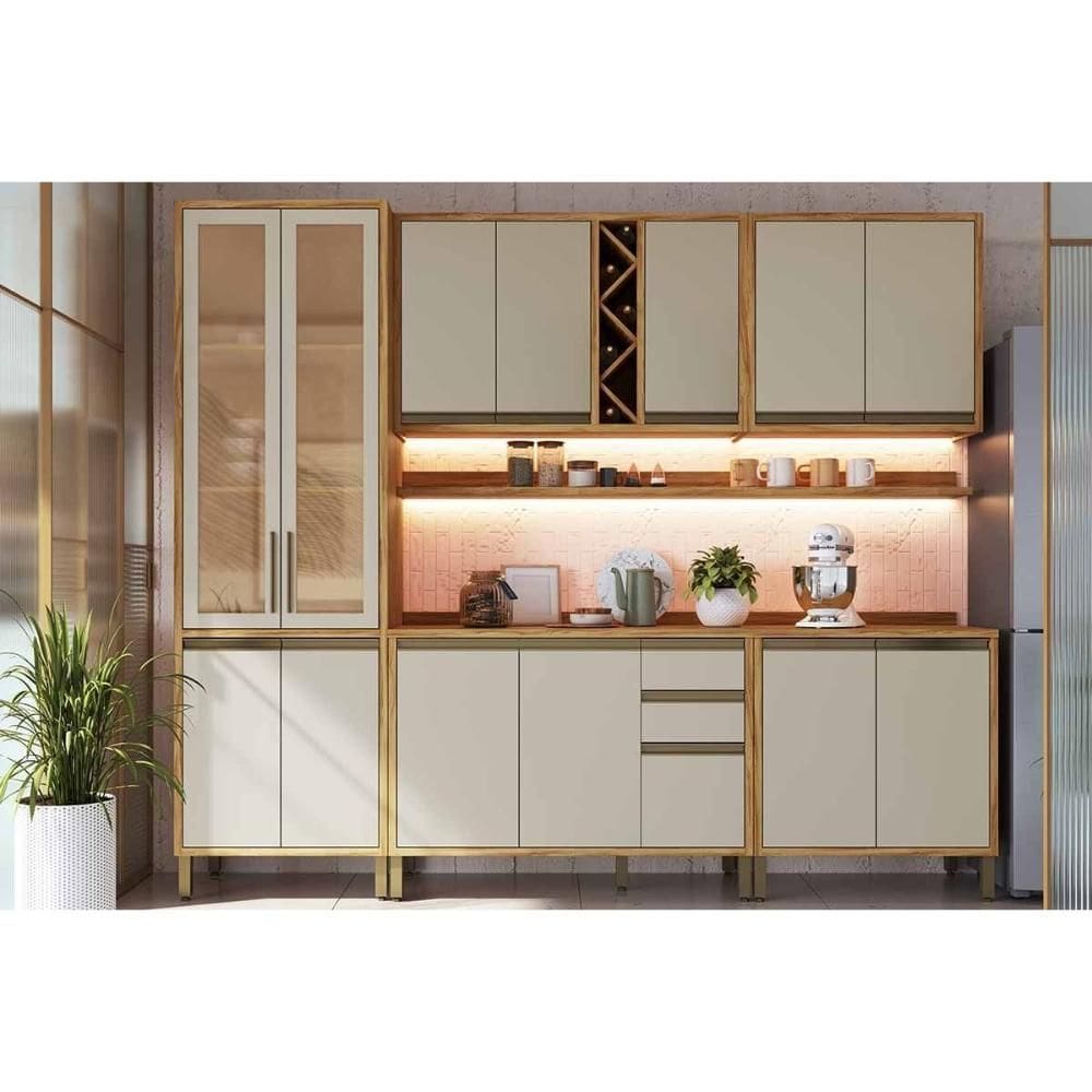 Kit Cozinha Modulada 7 Peças Tempranillo (2Aéreos+2Balcões+1Paneleiro+2Complementos) C7P101 Amendoa/Off White - Ronipa