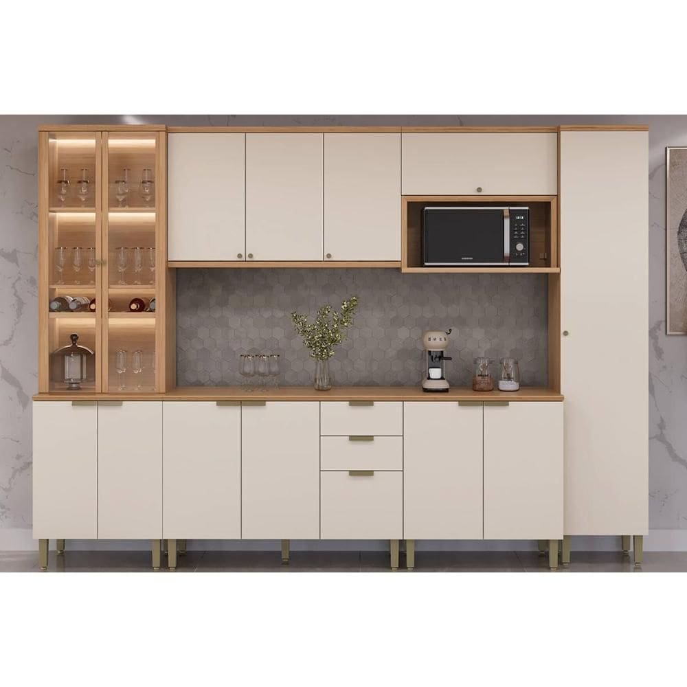 Kit Cozinha Modulada 6 Peças Selene (2Aéreos+2Balcões+2Paneleiros) CP05 Jequitiba/Off White Fosco - Linea Brasil