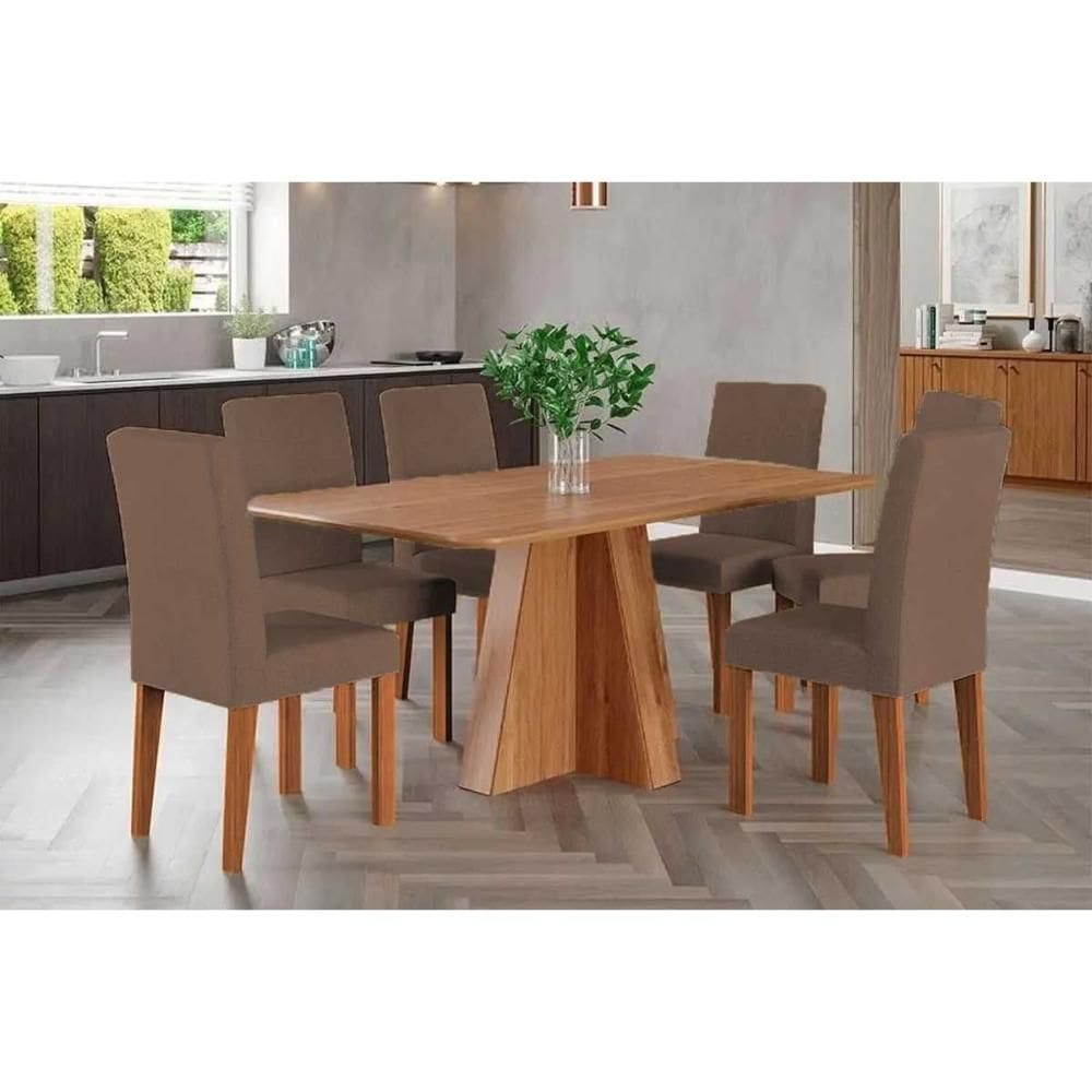 Conjunto: Mesa de Cozinha Maitê Tampo Madeirado 160x80cm e 6 Cadeiras Maia Cinamomo - Cinamomo/Suede Mascavo Chocolate - Cimol