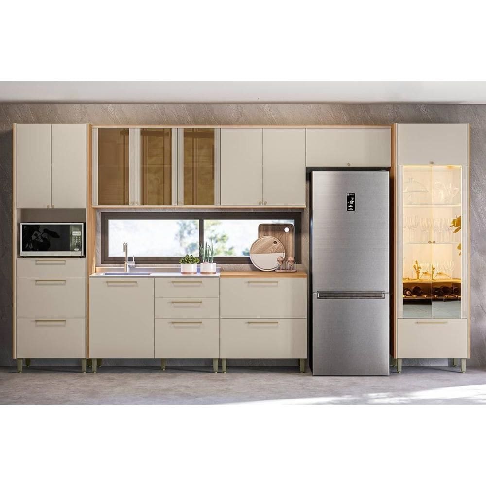 Kit Cozinha Modulada 7 Peças Atena (3Aéreos+2Balcões+1Paneleiro+1TorreQuente) CP08 Jequitiba/Off White Fosco - Linea Brasil