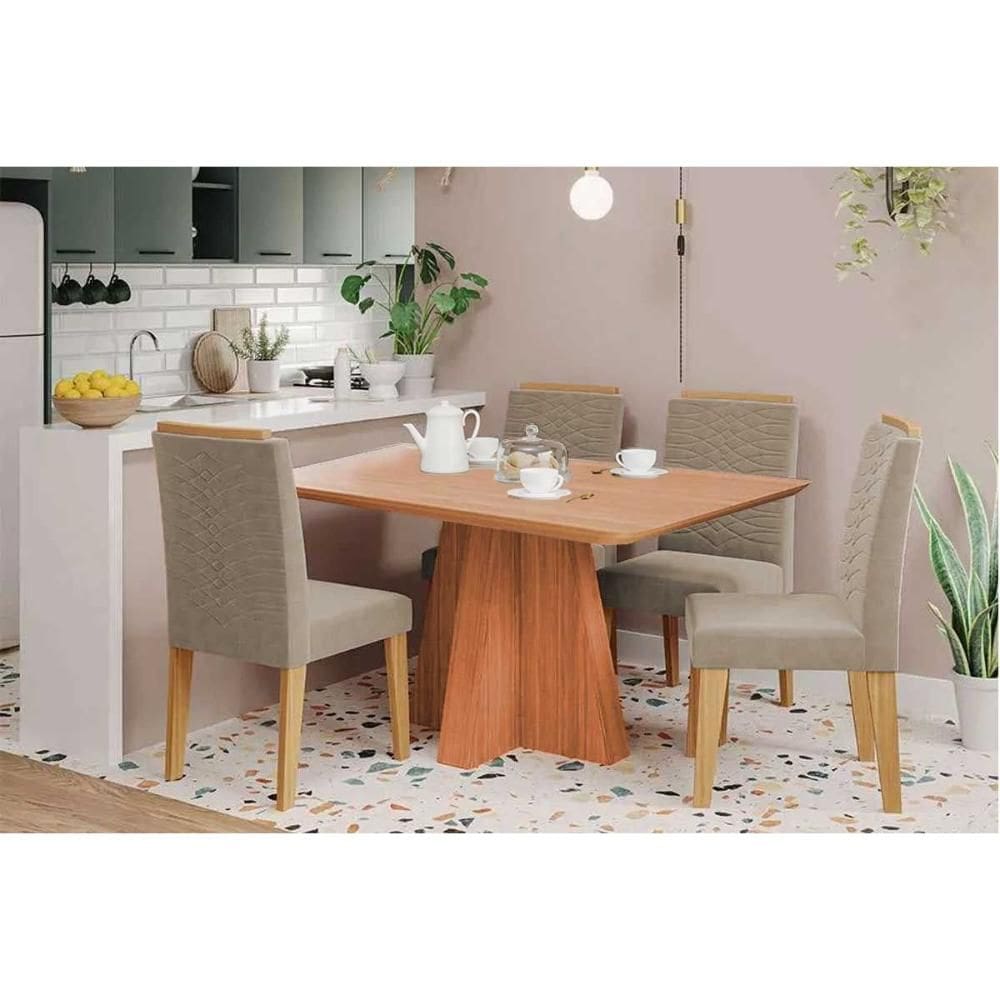 Conjunto: Mesa de Cozinha Maitê Tampo Madeirado 130x80cm e 4 Cadeiras Clarice Cinamomo - Carvalho/Linho Bege - Cimol
