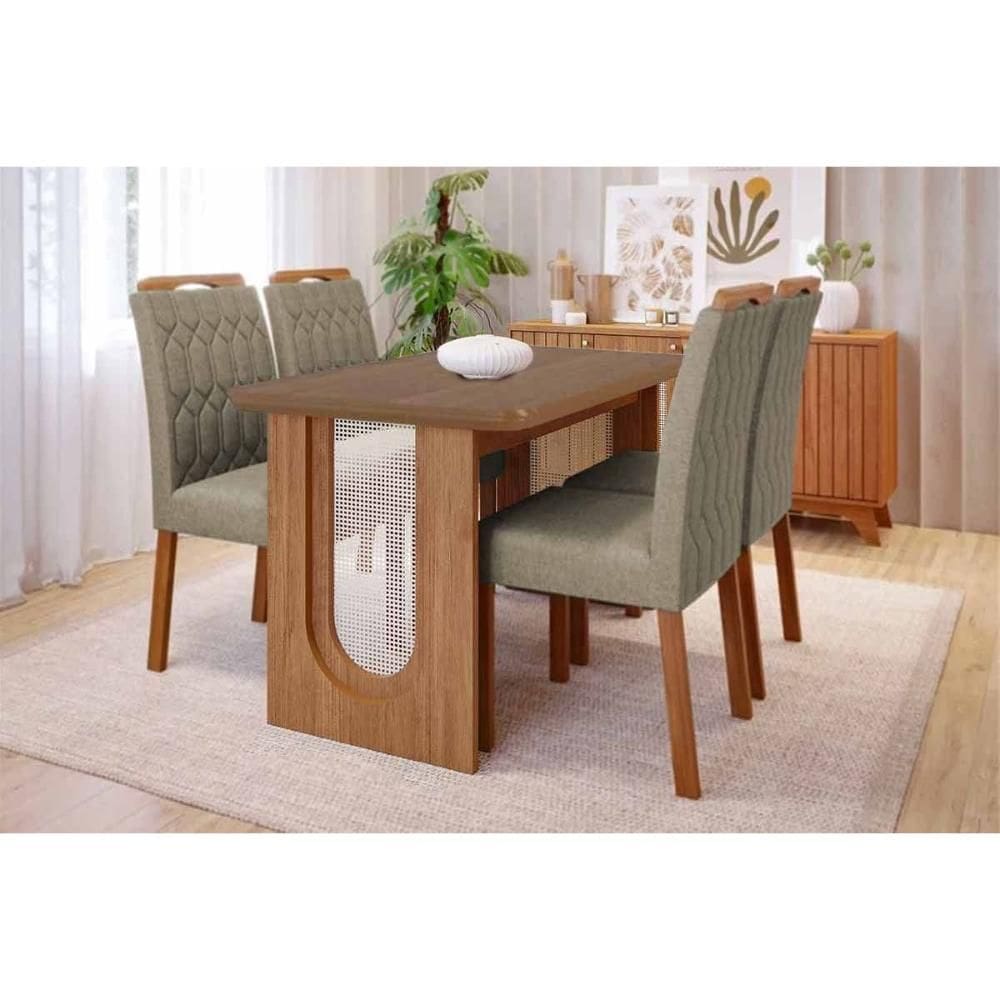 Conjunto: Mesa de Cozinha Valentina c/ Tampo Madeirado 130x80cm e 4 Cadeiras Paola Cinamomo - Carvalho/Linho Bege - Cimol