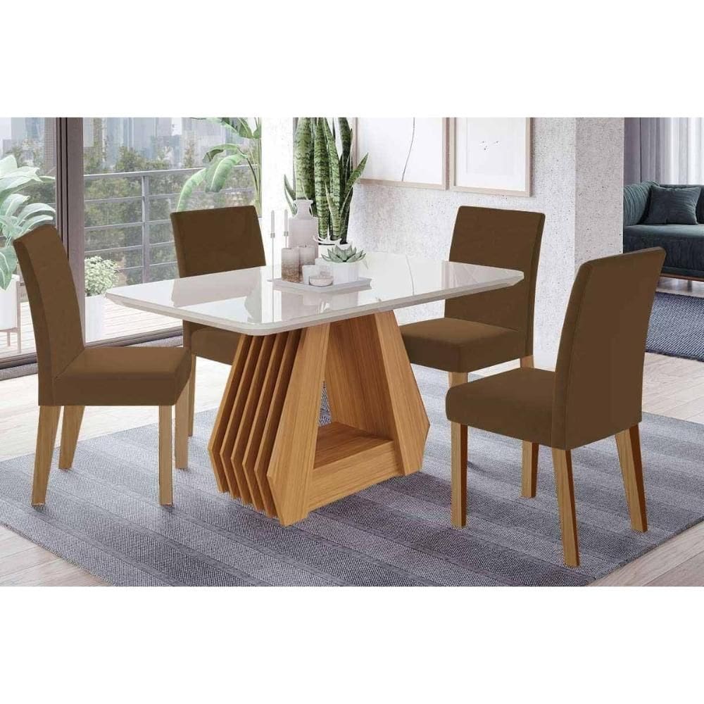 Conjunto: Mesa de Cozinha Ágata Tampo Madeirado c/ Vidro 130x80cm e 4 Cadeiras Maia Cinamomo/Off White - Nature/Suede Mascavo Chocolate - Cimol