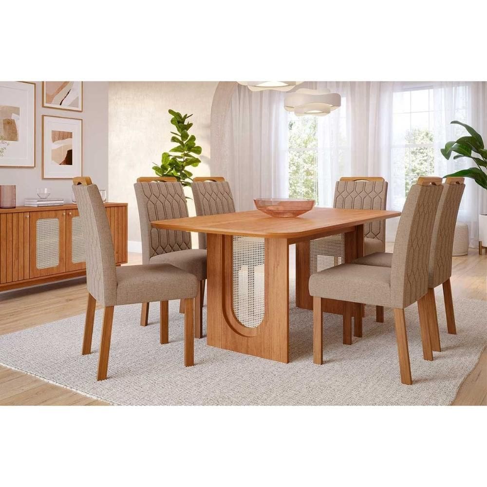 Conjunto: Mesa de Cozinha Valentina Tampo Madeirado 180x90cm e 6 Cadeiras Paola Cinamomo - Carvalho/Linho Bege - Cimol