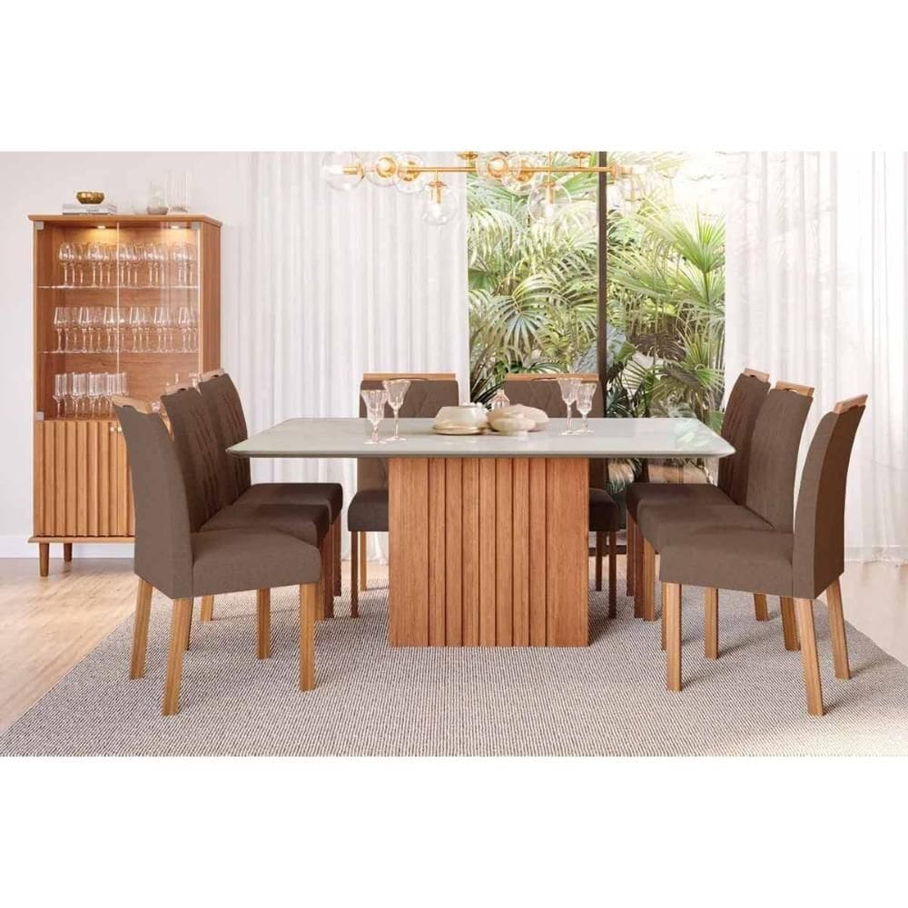Conjunto: Mesa Sala Jantar Ana Tampo Madeirado c/ Vidro 130x130cm e 8 Cadeiras Juliana Cinamomo/Off White - Carvalho/Suede Joli Capuccino - Cimol