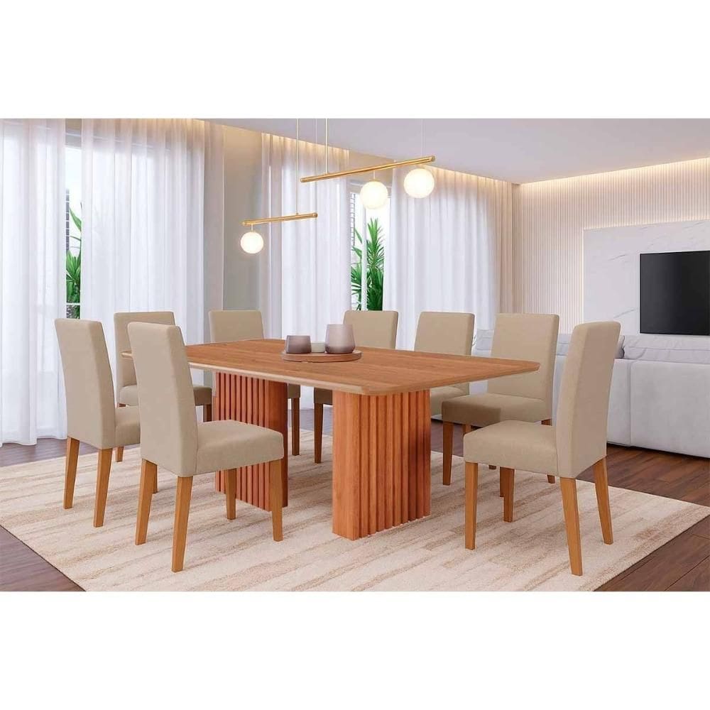 Conjunto: Mesa Sala Jantar Ester Tampo Madeirado 210x100cm e 8 Cadeiras Maia Cinamomo - Cinamomo/Suede Gengibre Bege - Cimol