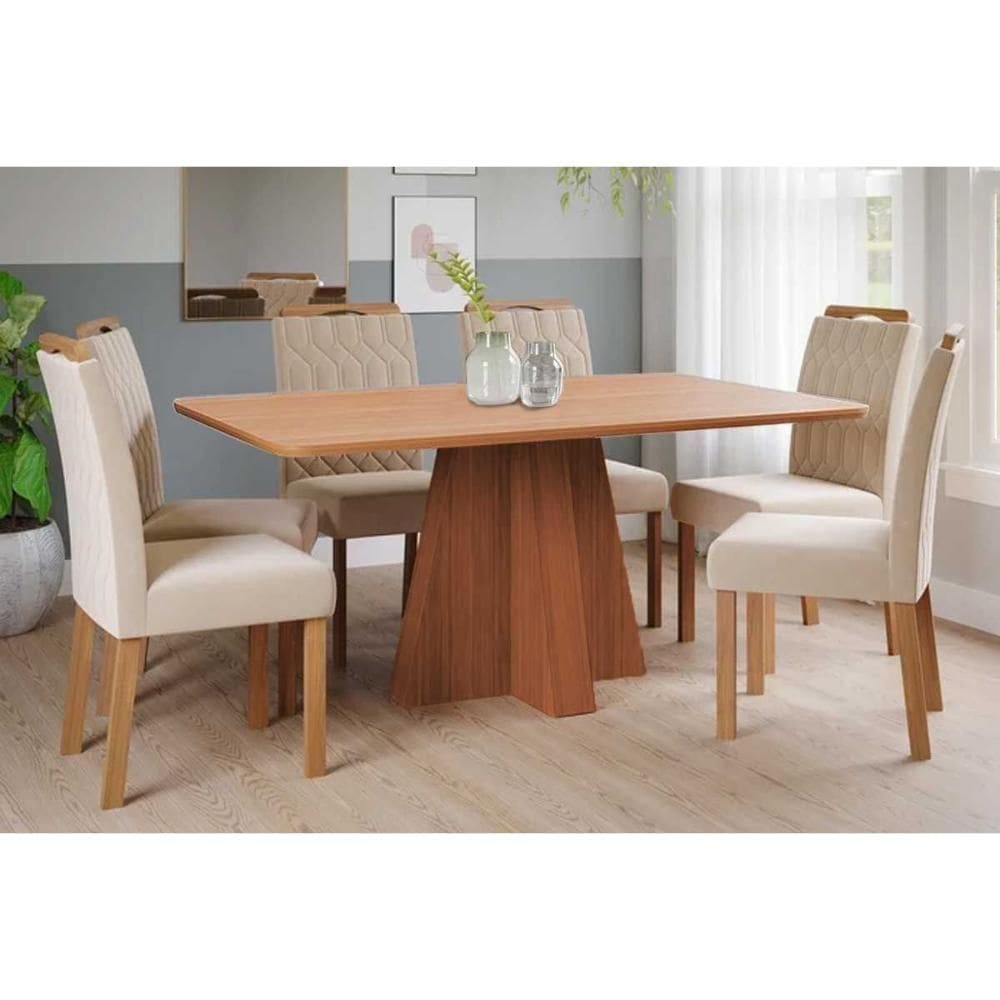Conjunto: Mesa de Cozinha Maitê Tampo Madeirado 160x80cm e 6 Cadeiras Paola Cinamomo - Carvalho/Suede Nude Bege - Cimol