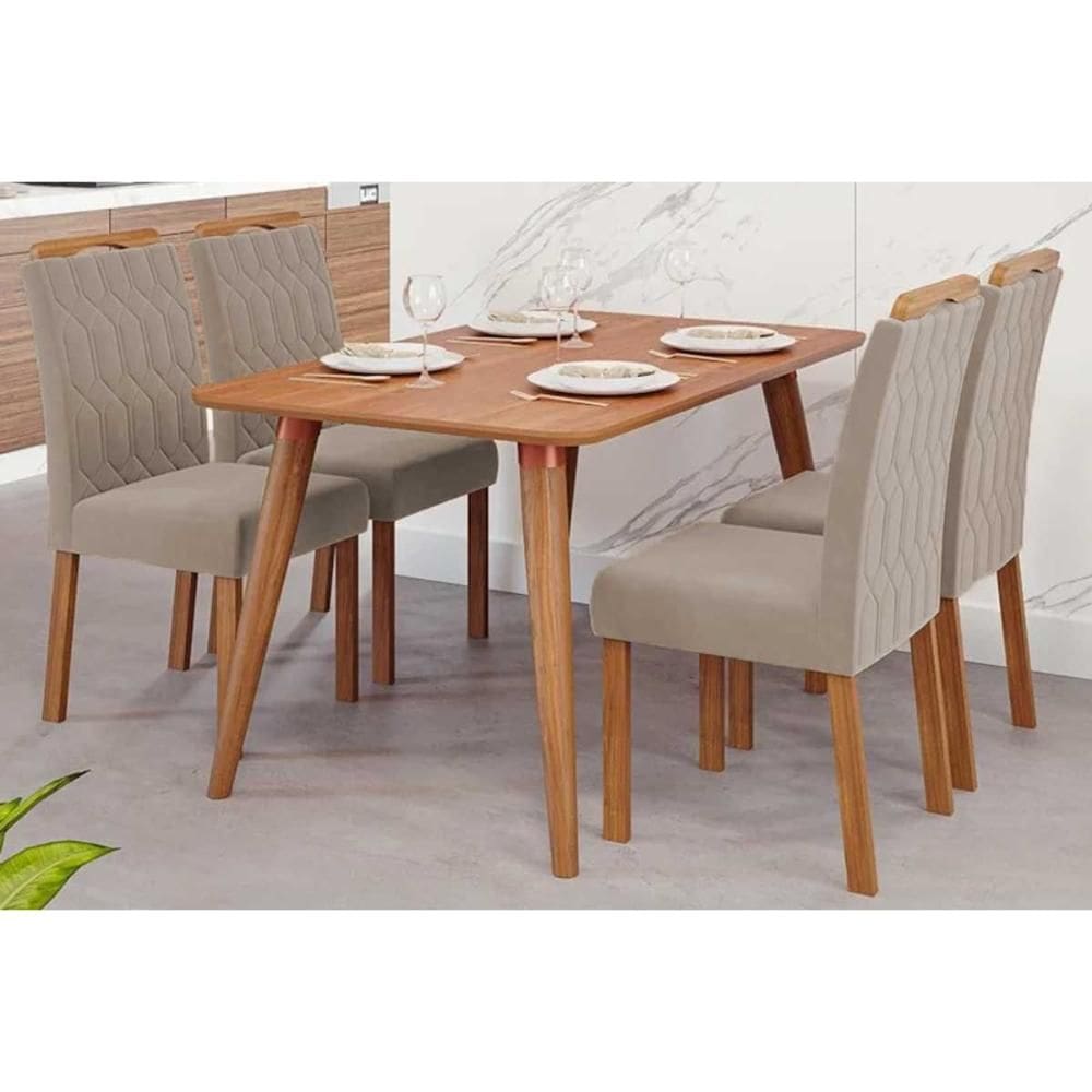 Conjunto: Mesa de Cozinha Adele Tampo Madeirado 130x80cm e 4 Cadeiras Paola Carvalho/Cinamomo - Linho Bege - Cimol