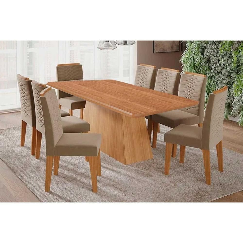 Conjunto: Mesa Sala Jantar Helena Tampo Madeirado 210x100cm e 8 Cadeiras Clarice Cinamomo - Carvalho/Suede Joli Capuccino - Cimol