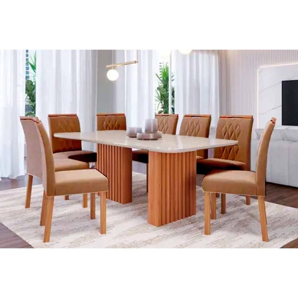 Conjunto: Mesa Sala Jantar Ester Tampo Madeirado c/ Vidro 210x100cm e 8 Cadeiras Juliana Cinamomo/Off White - Carvalho/Suede Joli Capuccino - Cimol