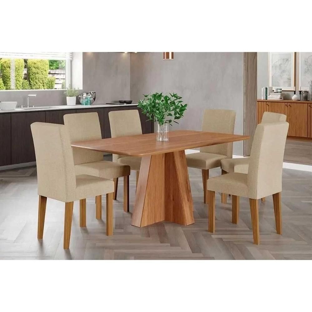 Conjunto: Mesa de Cozinha Maitê Tampo Madeirado 160x80cm e 6 Cadeiras Maia Cinamomo - Nature/Suede Gengibre Bege - Cimol
