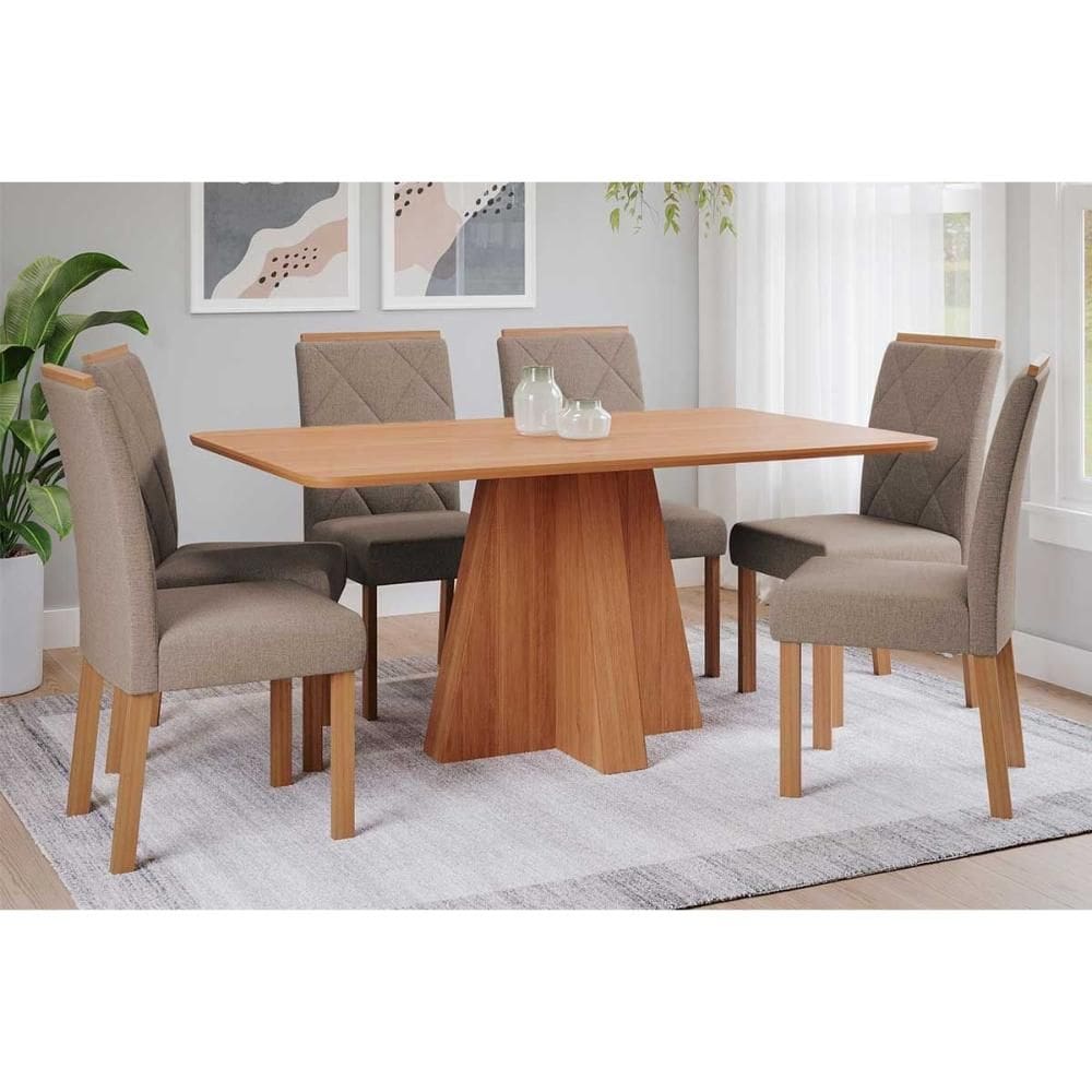 Conjunto: Mesa de Cozinha Maitê Tampo Madeirado 160x80cm e 6 Cadeiras Fernanda Cinamomo - Carvalho/Suede Joli Capuccino - Cimol