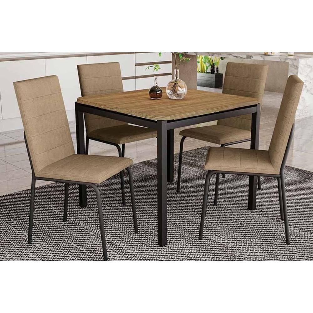 Conjunto: Mesa de Cozinha Reno c/ Tampo de Madeira 90cm e 4 Cadeiras Amsterdã Preto Fosco/Capuccino - Kappesberg