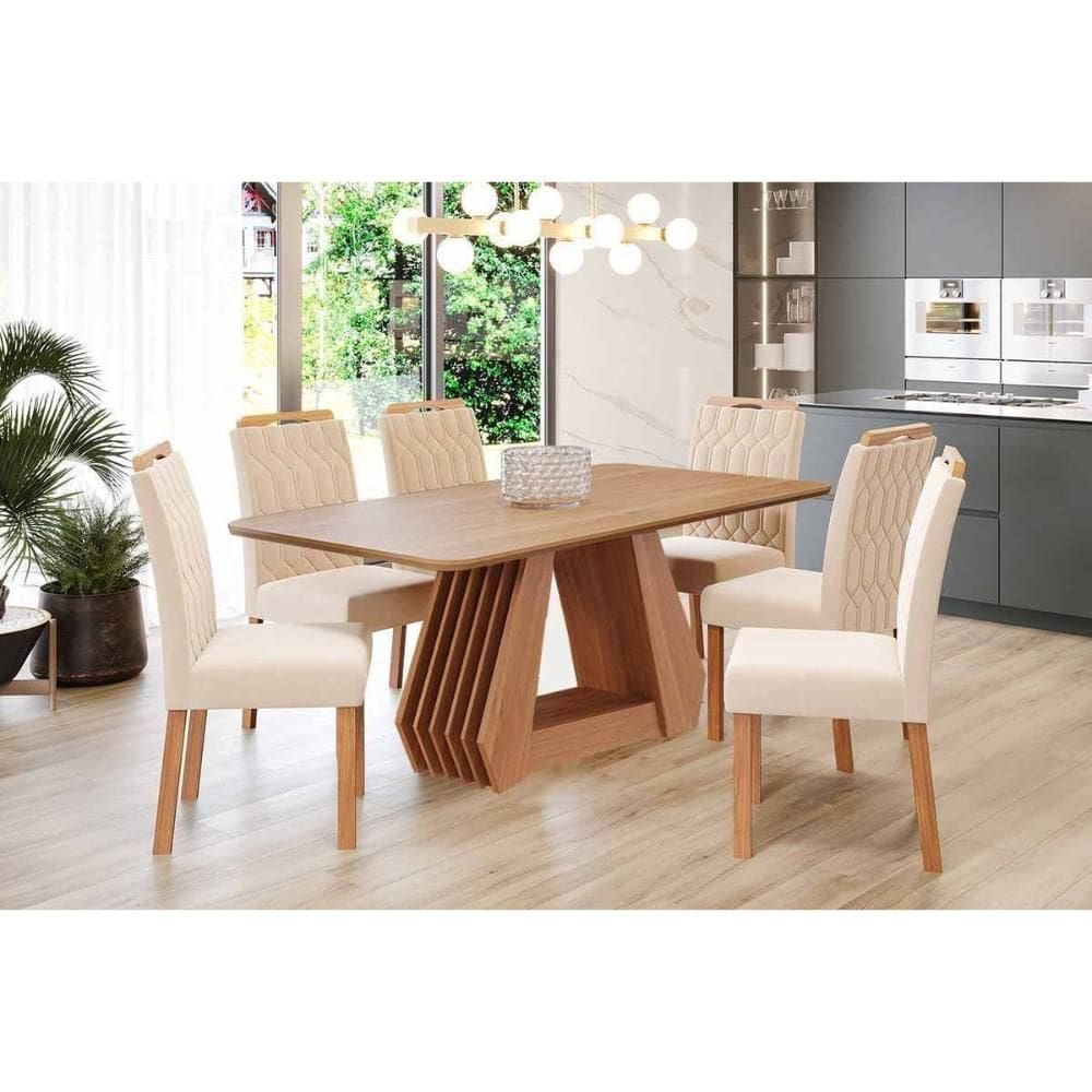 Conjunto: Mesa de Cozinha Ágata Tampo Madeirado 180x90cm e 6 Cadeiras Juliana Cinamomo - Carvalho/Suede Nude Bege - Cimol