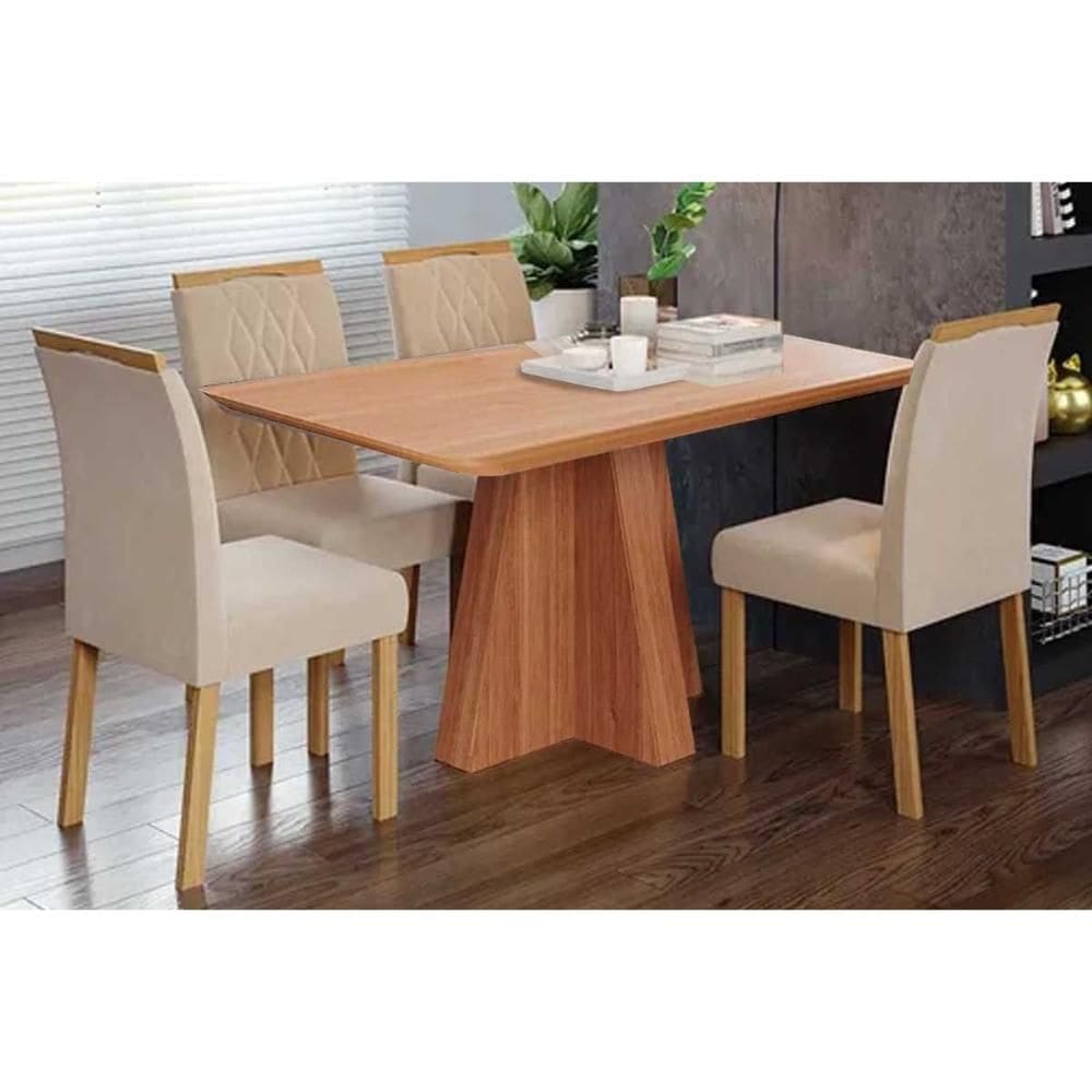 Conjunto: Mesa de Cozinha Maitê Tampo Madeirado 130x80cm e 4 Cadeiras Juliana Cinamomo - Carvalho/Suede Nude Bege - Cimol