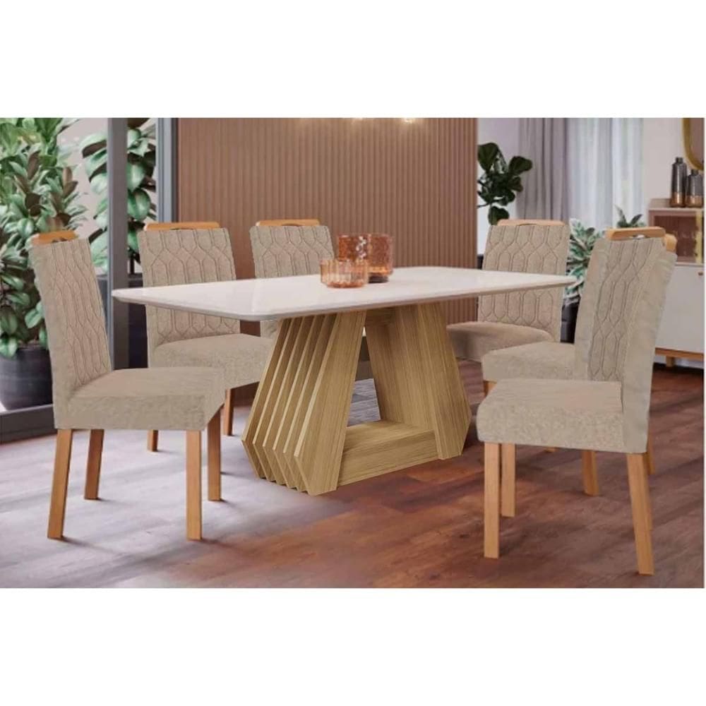 Conjunto: Mesa de Cozinha Ágata Tampo Madeirado c/ Vidro 180x90cm e 6 Cadeiras Paola Nature/Off White - Carvalho/Linho Bege - Cimol