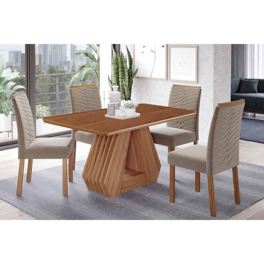 Conjunto: Mesa de Cozinha Ágata Tampo Madeirado 130x80cm e 4 Cadeiras Clarice Cinamomo - Carvalho/Suede Joli Capuccino - Cimol