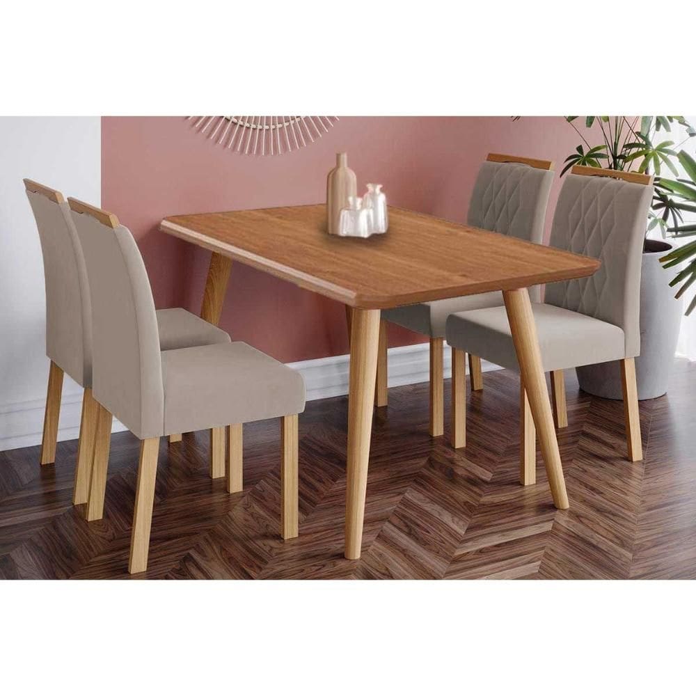 Conjunto: Mesa de Cozinha Adele Tampo Madeirado 130x80cm e 4 Cadeiras Juliana Carvalho/Cinamomo - Linho Bege - Cimol