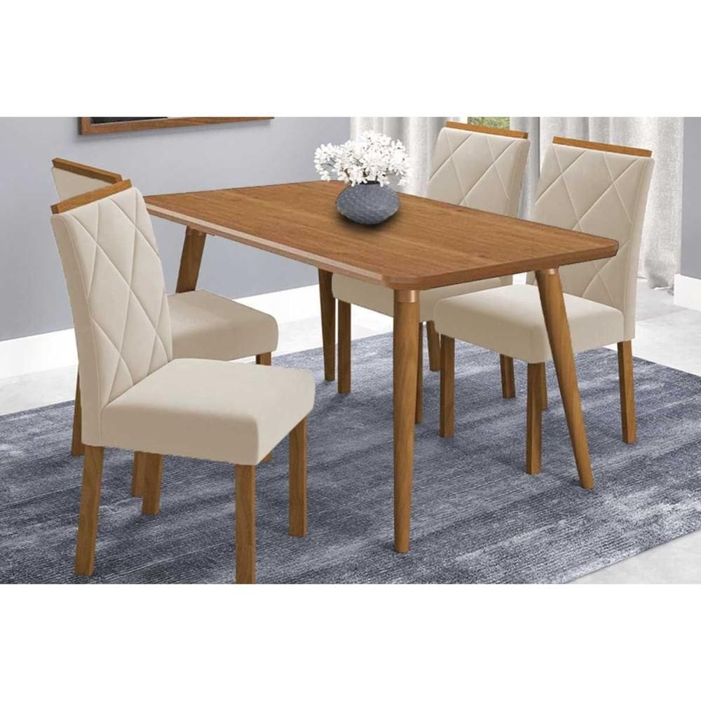 Conjunto: Mesa de Cozinha Adele Tampo Madeirado 130x80cm e 4 Cadeiras Fernanda Carvalho/Cinamomo - Suede Nude Bege - Cimol