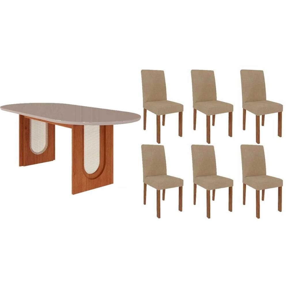 Conjunto: Mesa de Cozinha Valentina Tampo Madeirado Oval c/ Vidro 210x100cm e 6 Cadeiras Maia Cinamomo/Off White - Suede Gengibre Bege - Cimol