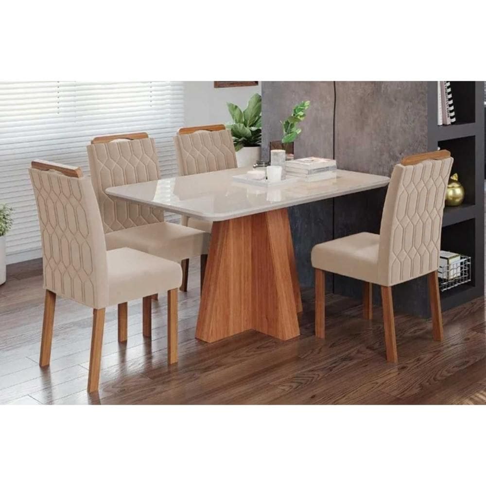 Conjunto: Mesa de Cozinha Maitê Tampo Madeirado c/ Vidro 130x80cm e 4 Cadeiras Paola Cinamomo/Off White - Carvalho/Suede Nude Bege - Cimol