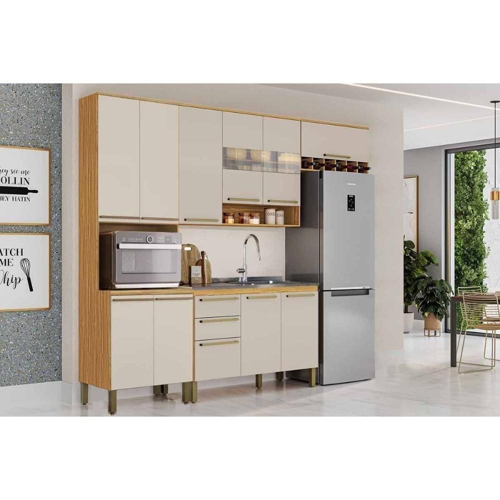 Módulo Cozinha Ronipa Nápoli Prime 4 Peças (2Aéreos+1Balcão+1Paneleiro) C4P238 Amendoa/Off White-Ronipa