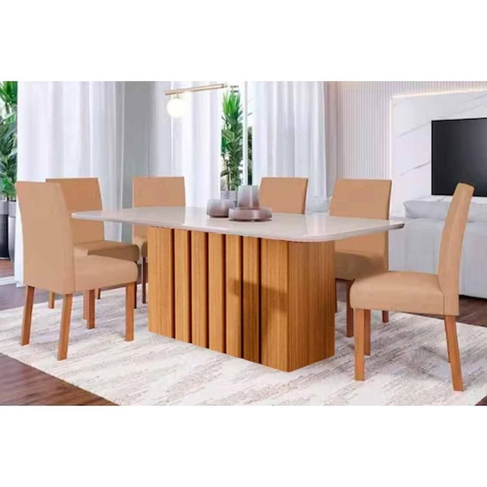 Conjunto: Mesa de Cozinha Ana Tampo Madeirado c/ Vidro 180x90cm e 6 Cadeiras Maia Nature/Off White - Nature/Suede Gengibre Bege - Cimol