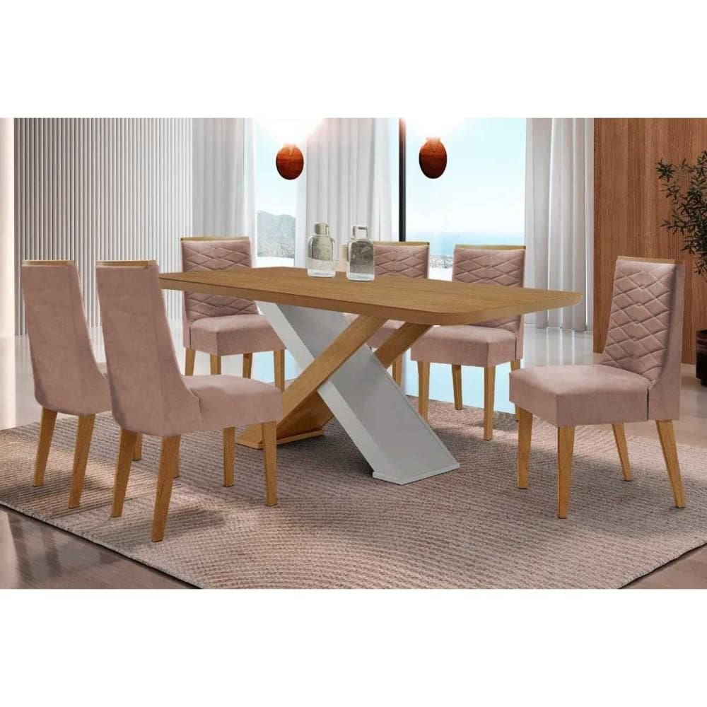 Sala de Jantar Completa Imperatriz c/ Tampo Madeirado Canto Curvo 180x90cm e 6 Cadeiras Maldivas Naturale/Off White - Linho Capuccino - Rufato