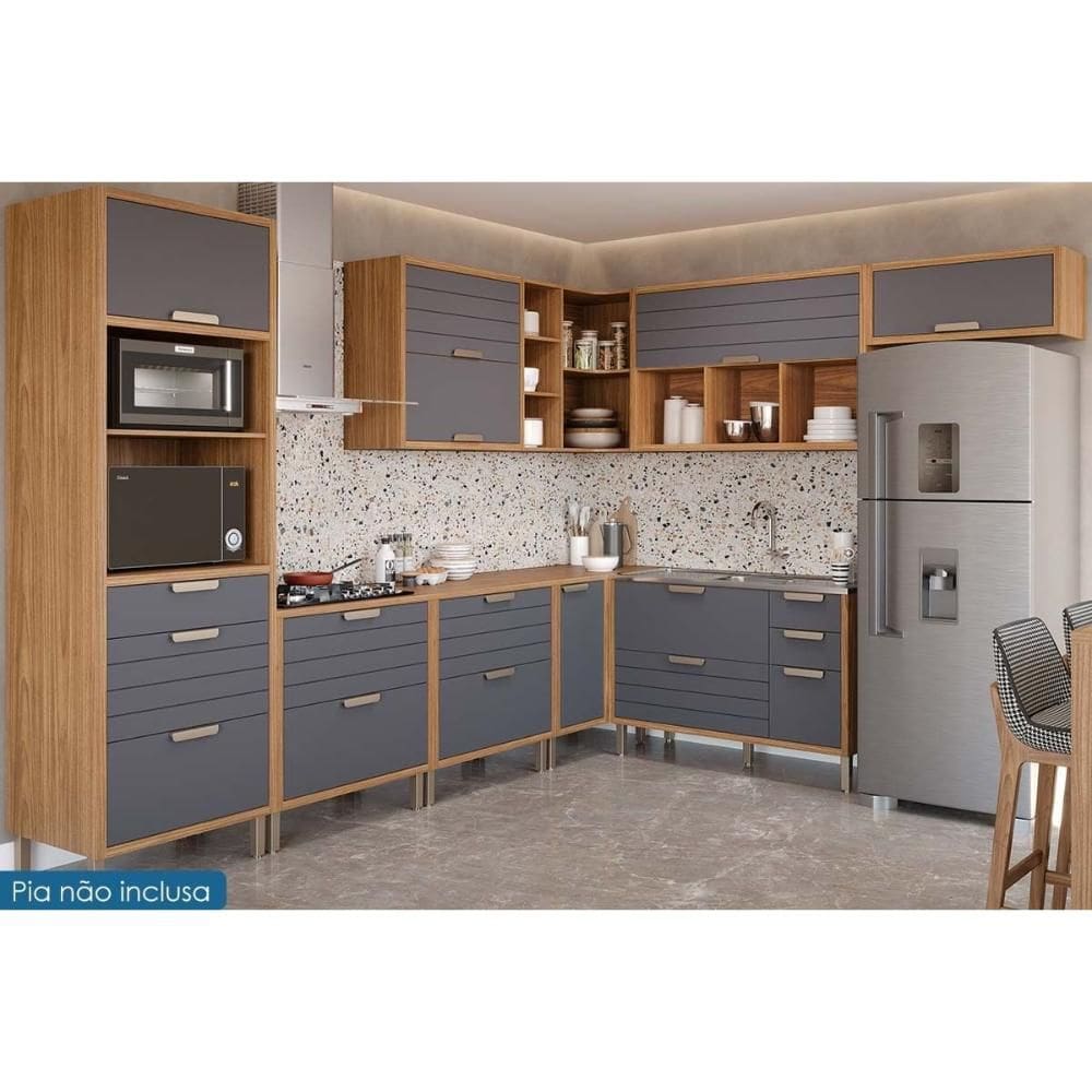 Kit de Cozinha Completa 9 Peças Eloise (4 Aéreos + 4 Balcões + 1 Paneleiro) CZ025 Freijo/Titanium - MGM