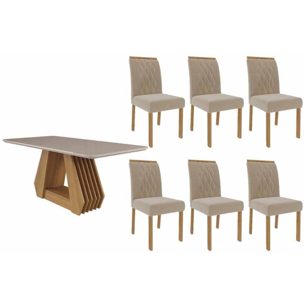 Conjunto: Mesa de Cozinha Ágata Tampo Madeirado c/ Vidro 180x90cm e 6 Cadeiras Juliana Nature/Off White - Carvalho/Suede Nude Bege - Cimol