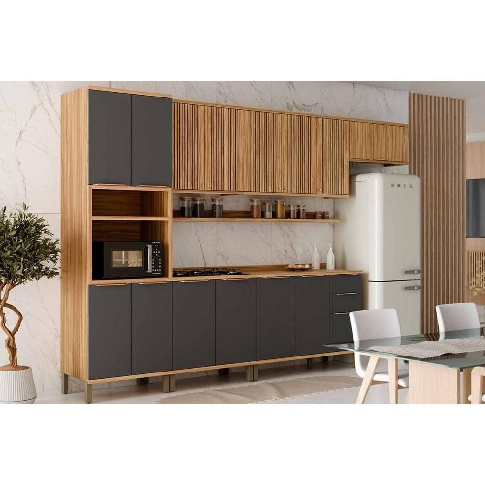 Cozinha Modulada Ronipa Sauvignon Sauvignon 8 Peças (3Aéreos+2Balcões+1Paneleiro+2Complementos) C8P85 Amendoa/Grafite - Ronipa