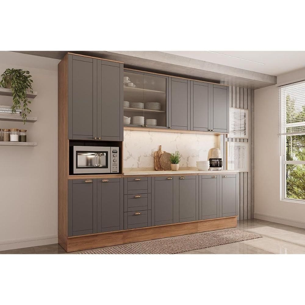 Kit de Cozinha Completa 5 Peças Bella (2Aéreos+2Balcões+1Paneleiro) C5P120 Nogal/Cinza - Carraro