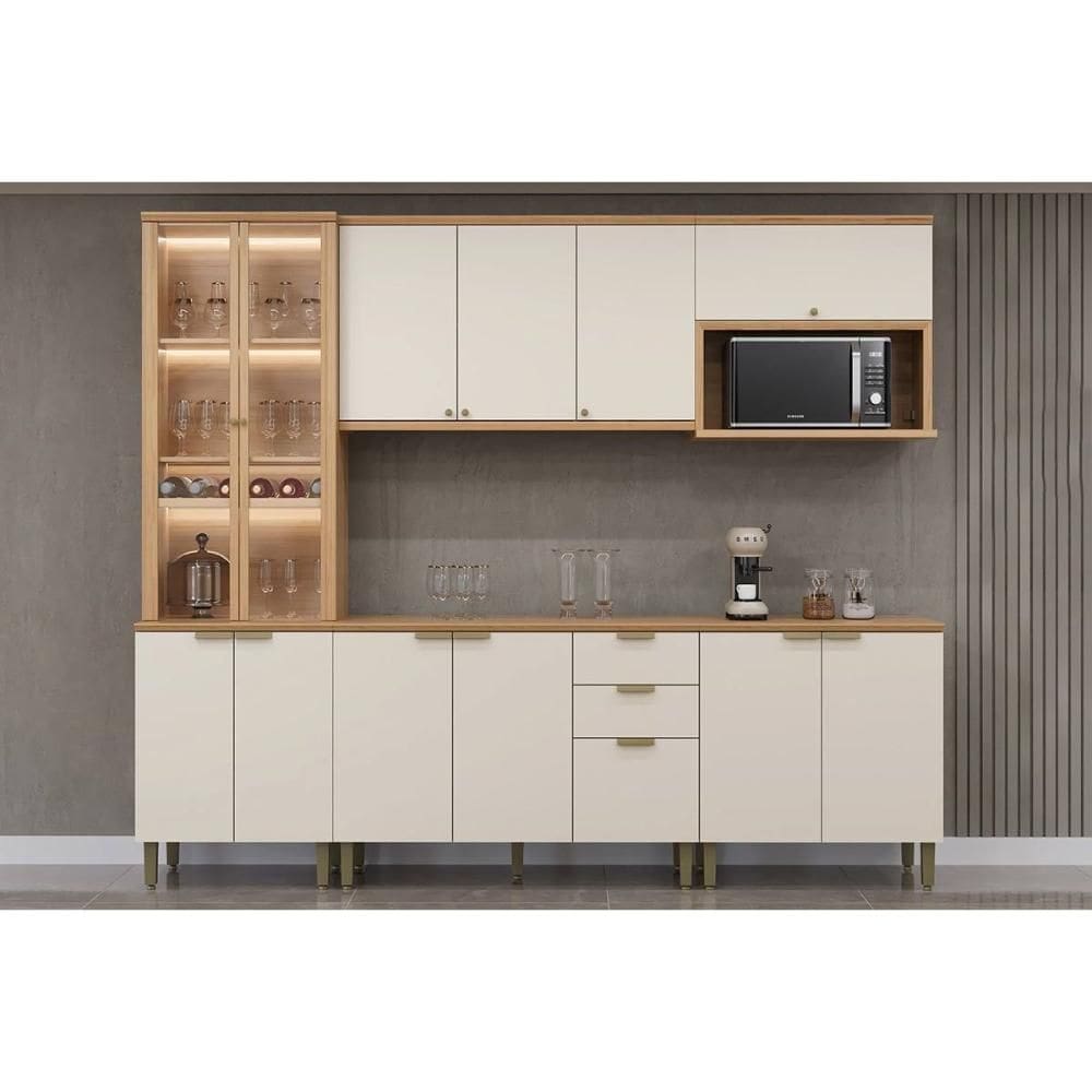 Kit Cozinha Modulada 5 Peças Selene (2Aéreos+2Balcões+1Paneleiro) CP06 Jequitiba/Off White Fosco - Linea Brasil