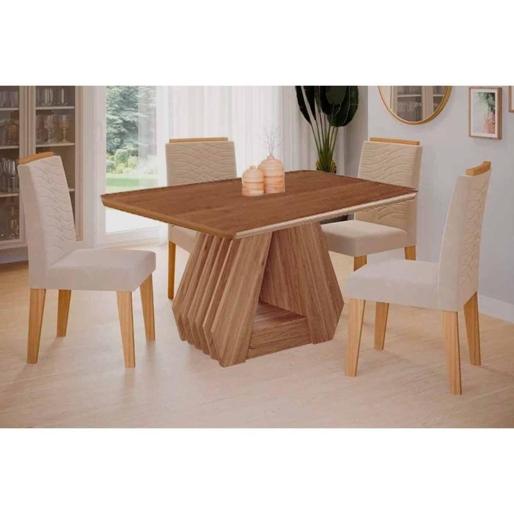 Conjunto: Mesa de Cozinha Ágata Tampo Madeirado 130x80cm e 4 Cadeiras Clarice Cinamomo - Carvalho/Linho Bege - Cimol