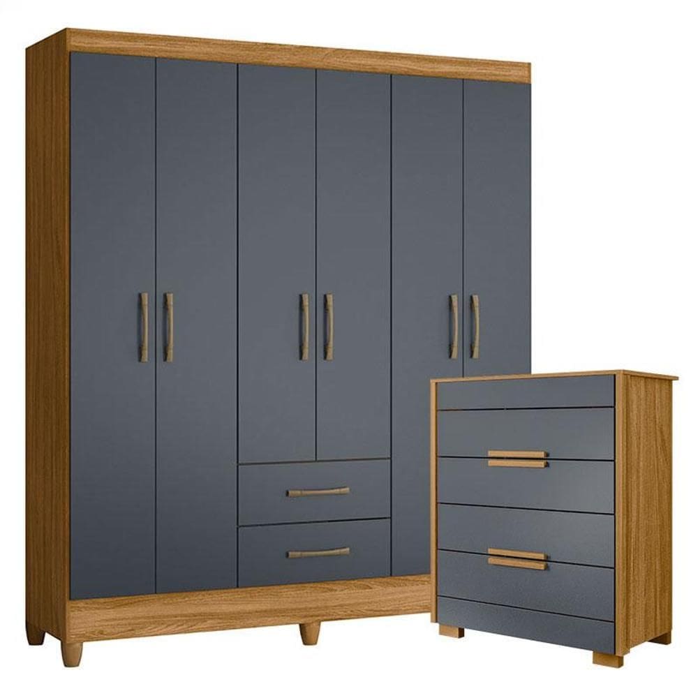 Guarda Roupa Casal Panamá e Cômoda Dhara Freijó Cinza- Moval