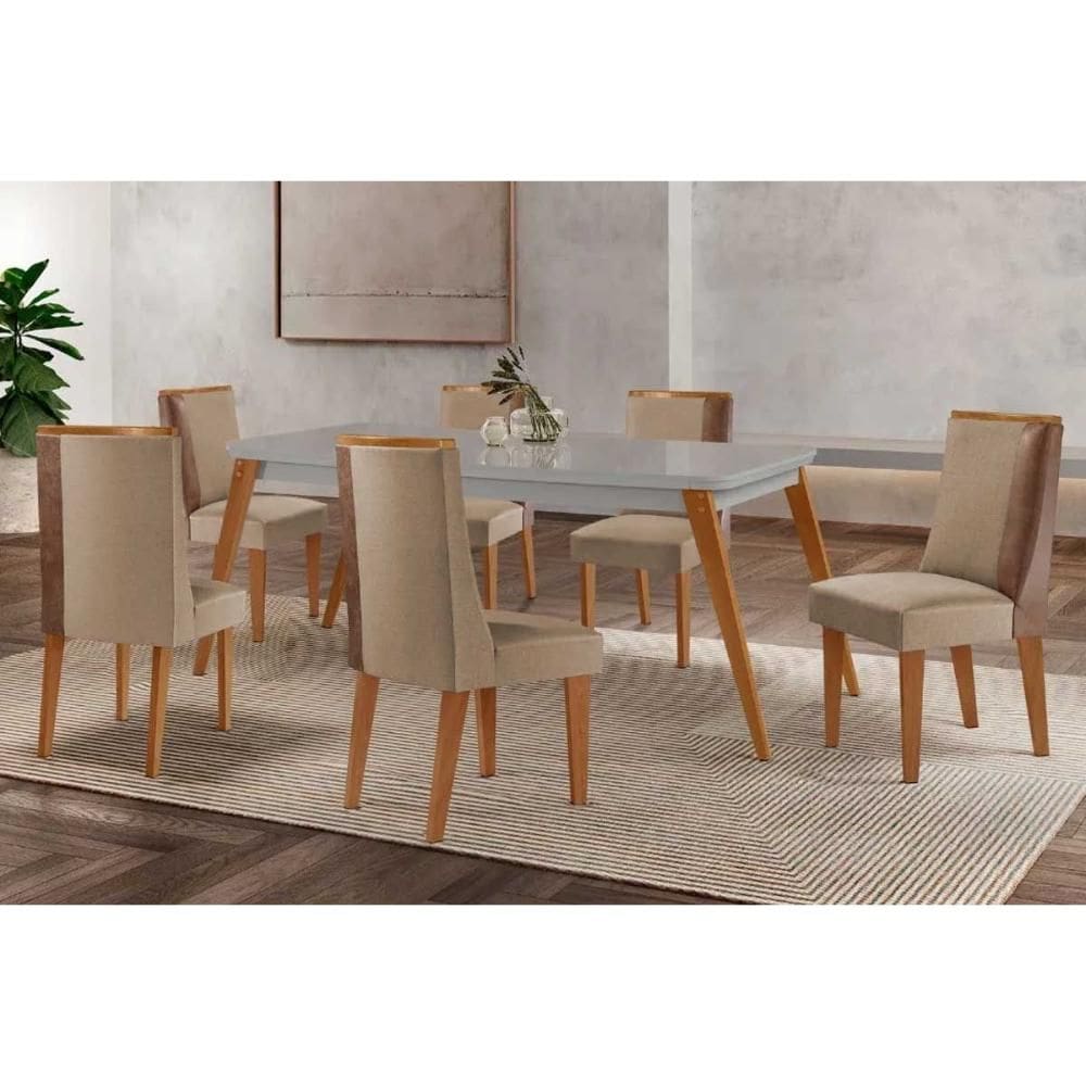 Sala de Jantar Completa Havana c/ Tampo Madeirado c/ Vidro Canto Curvo 180x90cm e 6 Cadeiras Tilia Naturale/Off White - Linho Bege - Rufato