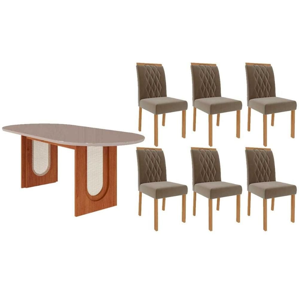 Mesa Cozinha Valentina Tampo Madeirado Oval c/ Vidro 210x100cm e 6 Cadeiras Juliana Cinamomo/Off White - Madeirado/Suede Jo-Cimol