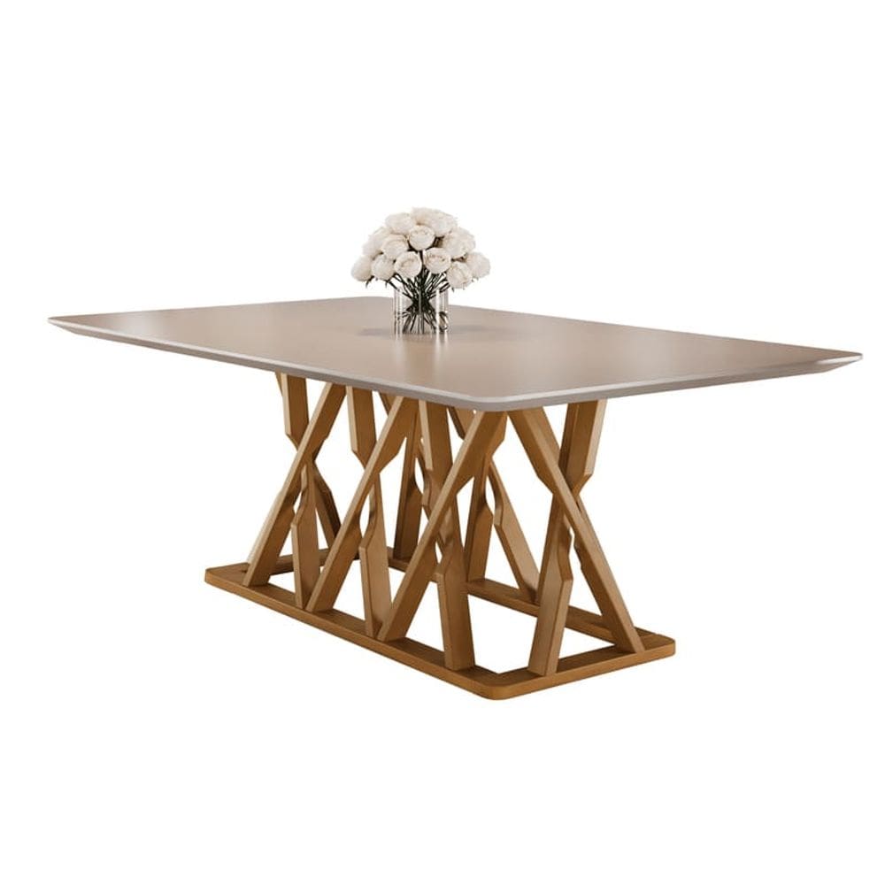 Mesa de Jantar Moderna Madeira Maciça com Vidro 2,40x1,10m - Quartzo - Harmonia Salas