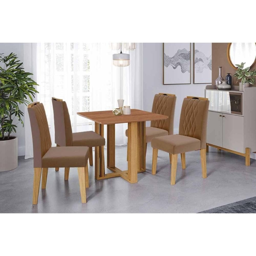 Conjunto: Mesa de Cozinha Flora Tampo Madeirado 95x95cm e 4 Cadeiras Juliana Cinamomo - Carvalho/Suede Joli Capuccino - Cimol