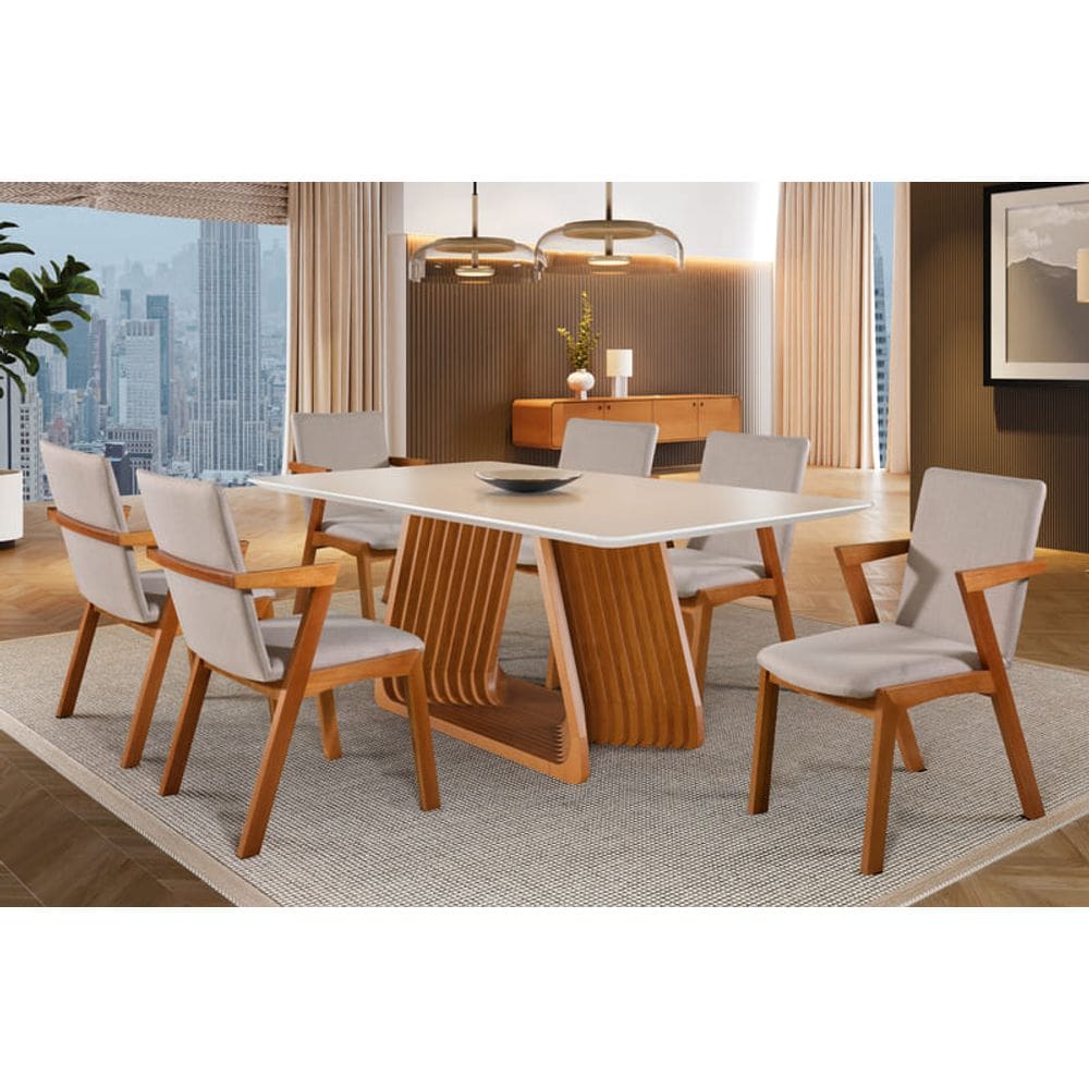 Sala de Jantar com Vidro Madeira Maciça 6 Cadeiras 1,60x0,90m - Obisidiana - Harmonia Salas